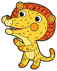 cartoon scene with happy and funny young cat lion like kindergarten kid or child having fun isolated background illustration