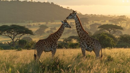 Obraz premium Two giraffes engaging in a neck fight amidst the grasslands of Masai Mara during sunset.