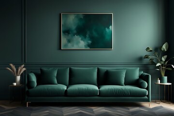 Living Room Mockup with Dark Green Sofa and Emerald Walls, Spacious Gallery Space and Deep Accent Background in a Modern Premium Design - 3D Rendering