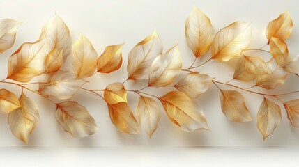 Modern gold leaves on white background isolated. Drawing of wavy lines, branches, nature, plants.