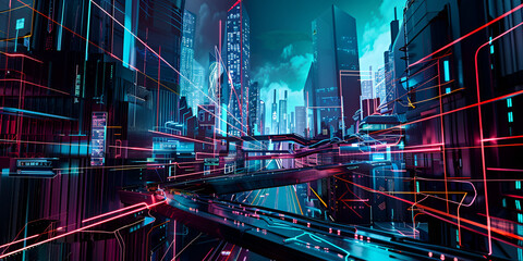 Obraz premium Futuristic Neon Cityscape at Night with Advanced Urban Technology