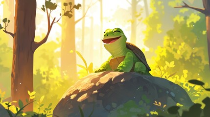 A cheerful turtle grinning from ear to ear perches gracefully atop a rock nestled deep within the heart of the forest