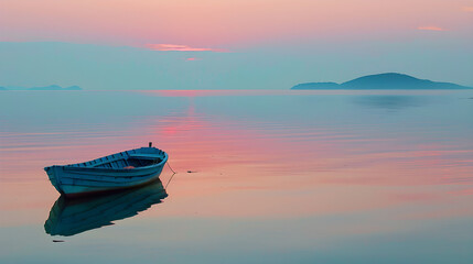 Tranquil Twilight at Sea: A Wooden Fishing Boat Floats Peacefully in Pastel Reflections of a Serene Coastal Sunset