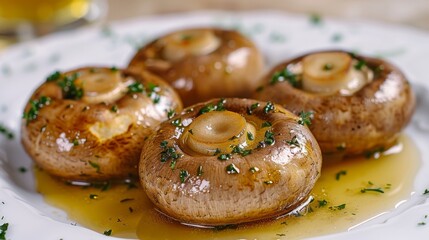 Close-up of succulent baked mushrooms garnished with herbs on a white plate.