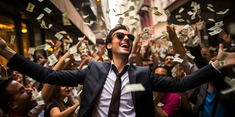 Businessman surrounded by crowd on Wall Street with money raining down. Concept Finance, Wall Street, Businessman, Crowds, Money Rain