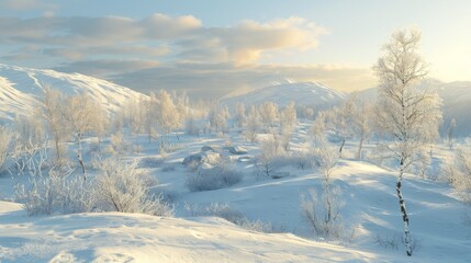 A tranquil Arctic winter landscape with snow-covered trees and hills under a hazy sky.