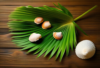 Palm Leaf and Seashell Vase Display on a Rustic Wooden Background