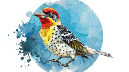 Watercolor drawing of a bird with yellow spots Red and yellow Barbet on a circular blue ornamental backdrop Ideal for stickers educational resources cards and prints