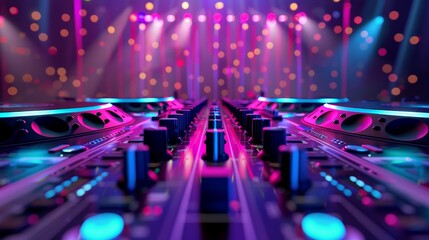 Obraz premium A room filled with numerous bright lights illuminating a DJ console and lighting equipment at a vibrant party, creating a dazzling and energetic atmosphere. Generative AI
