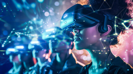 Diverse Individuals Using VR Headsets in Futuristic Setting
