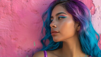 portrait of latin woman blue and purple painted hair with background view