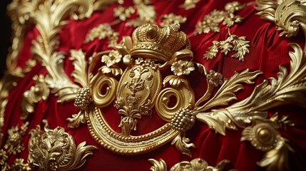 Close-up of a luxurious red throw pillow with golden embroidery and crown detail, showcasing rich texture and ornate design.