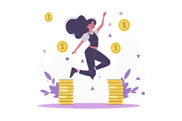 a image of a woman jumping over stacks of coins