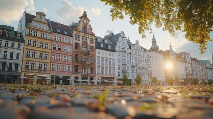 Fototapeta premium Low angle view of traditional townhouses in Hamburg's Old Town, with sunlight flaring between buildings.