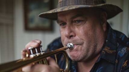 An intent man in a hat plays the trumpet, with a focused expression, in a close-up shot.