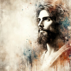Portrait of Jesus Christ on abstract grunge background. Digital painting with copy space for text or image