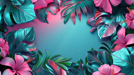 Tropical flowers and leaves background. Vibrant pink and aqua blue gradient colors. Modern illustration.