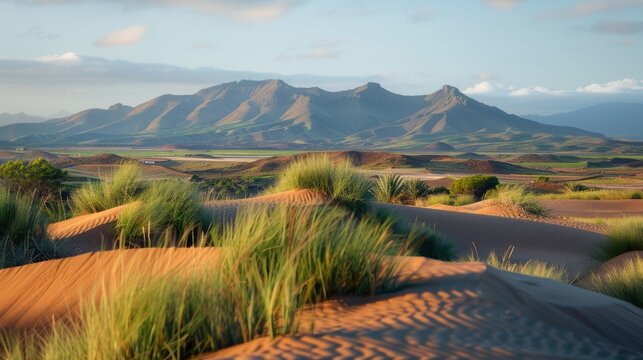 The scenic beauty of Maspalomas sand dunes with lush greenery and mountains in the background under a blue sky.