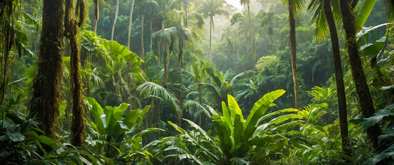 Fototapeta premium A vibrant, emerald forest brimming with a diverse array of towering trees and lush foliage creating a majestic and serene natural landscape
