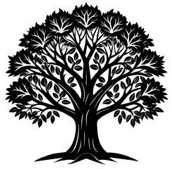 Obraz premium Black and white silhouette of a large, intricate tree with leaves and branches, ideal for farming, agriculture