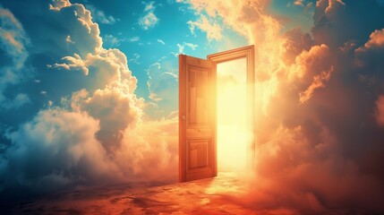 open door to paradise with light at the end, new life and opportunity concept, changes and right decision, religion and god concept