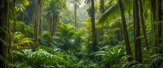 A lush green forest teeming with a multitude of tall trees, creating a vibrant and harmonious natural tapestry of green foliage and dappled sunlight