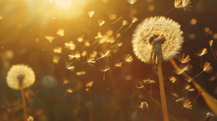 Beautiful fluffy dandelion outdoors at sunset