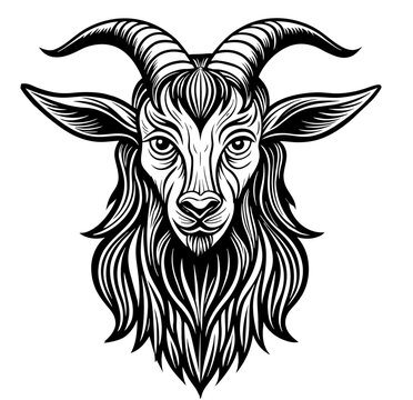 recommend clip art: Vintage style illustration of a goat or sheep in black and white for agricultural and livestock themes, farming and retro linocut logo style