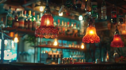 Elegant vintage lamps hanging above a bar, with a blurred background of colorful liquor bottles.