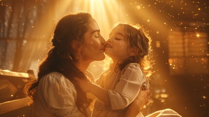 A tender moment as a mother kisses her daughter on a wooden bench, with a warm, glowing light surrounding them.