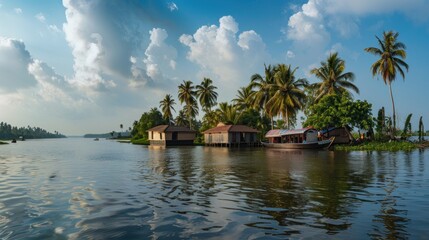 Fototapeta premium A calm body of water with a few small houses floating on it