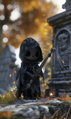 Fototapeta premium cute small grim reaper kid on graveyard, spooky fun halloween background wallpaper