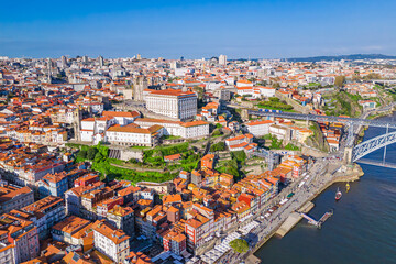 Famous historic Portuguese town of Porto in the sunny day. Aerial view