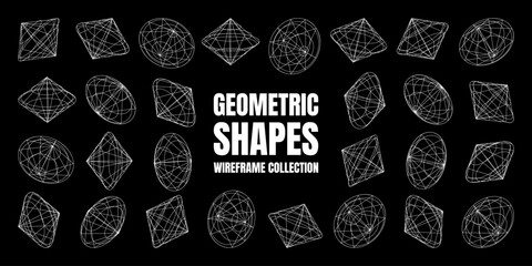 Wireframe lined shapes. Perspective mesh, 3d grid. Low poly geometric elements. Retro futuristic design elements, y2k, vaporwave and synthwave style. Vector illustration