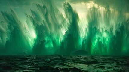 A breathtaking view of the northern lights in verdant hues over a dark ocean, lighting up the night sky.