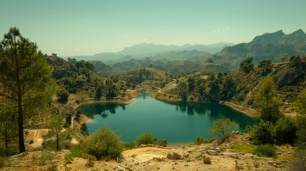 Aerial view of the serene Desfiladero de los Gaitanes dam amidst rugged mountains with lush greenery.