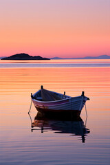 Tranquil Twilight at Sea: A Wooden Fishing Boat Floats Peacefully in Pastel Reflections of a Serene Coastal Sunset