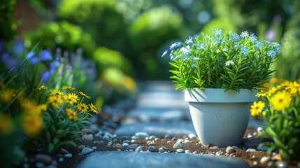 Closeup of a white plastic flowerpot with blooming garden flowers, on a pebble-lined garden path.