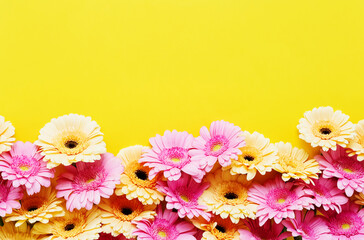 Pink and yellow gerberas on a bright yellow background. Greeting card