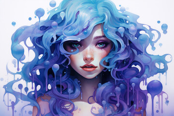 Fantasia in Blue: Ethereal Woman with Whimsical Curls