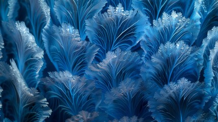 Close-up of intricate ice crystal patterns resembling feathers or ferns in cool blue tones, showing natural beauty and detail.