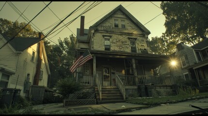 Fototapeta premium An American flag hangs outside a vintage house bathed in sunlight with a wide shot of the street.