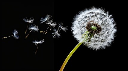 Dandelion with seeds blowing away in the wind across on black background