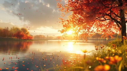 Beautiful autumn landscape with lake and trees in the park at sunset.