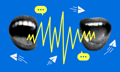 Screaming halftone lips. Illustration of gossip at work. Vector illustration of hate on social networks. Gossiping women. Two women discussing something. Trendy newspaper elements