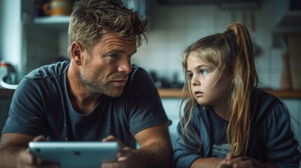 A father and daughter share a moment over a tablet pc in a cozy kitchen setting, engaging in family bonding.