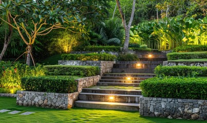 a image of a garden with steps and a lawn with trees