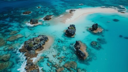 Fototapeta premium Aerial view of a pristine turquoise lagoon with scattered rocky outcrops and a white sandbar.