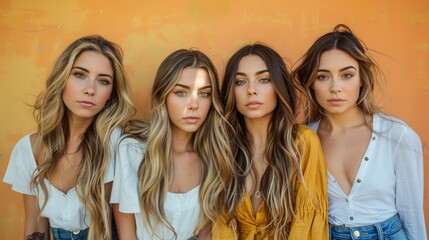 Fototapeta premium A group of four young women posing together, each wearing denim and white tops, exuding a casual and stylish vibe.