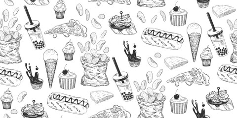 Seamless pattern with fast food. Sketch style chips bag, bubble tea, hot dog, pizza, sauce. Engraved desserts, cupcake, ice cream. Hand drawn street food on white background